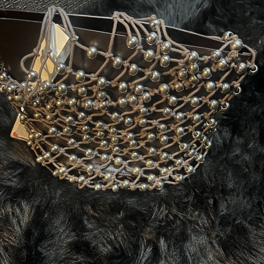 Silver Beaded Net & Leather Bucket Purse